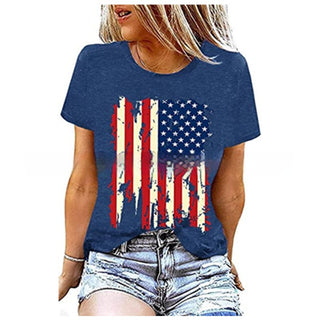 Patriotic women's distressed American flag graphic t-shirt with short sleeves.