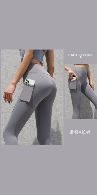 Seamless grey leggings with pockets, featuring a tight, flattering fit on a female model
