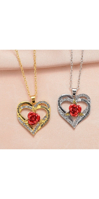 Exquisite heart-shaped pendants adorned with a vibrant red rose, showcased on metallic gold and silver chains. Fashionable women's jewelry pieces perfect for any occasion.