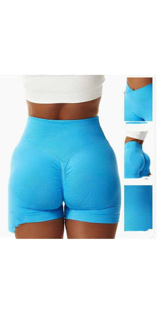 Tight seamless sports shorts for women in vibrant blue color, showcasing a contoured fit and stretchy fabric for active wear.