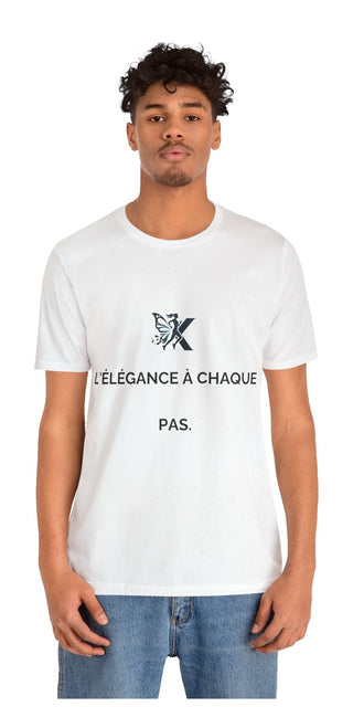 Unisex white jersey short sleeve t-shirt featuring a stylized "L'elegance a chaque pas" design on the front against a plain white background.