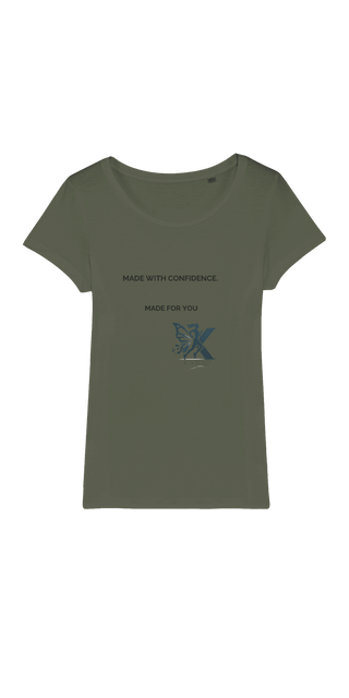 Casual organic cotton women's t-shirt with simple text graphics on a green background