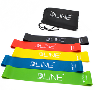 Colorful resistance bands for yoga and fitness workout: A set of five D-LINE branded resistance bands in various vibrant colors including red, yellow, blue, and green, with a carrying pouch for storage and portability. The bands are designed to help energize and enhance one's yoga and fitness practice.