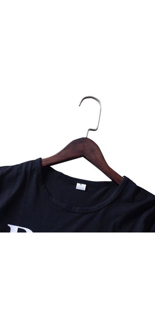 Stylish navy blue t-shirt with a subtle printed design, displayed on a wooden hanger against a plain white background.