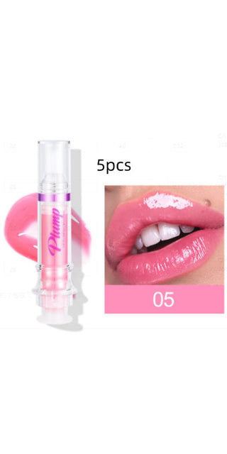 Glossy pink lip gloss set with shimmery color, ideal for enriching and hydrating lips.