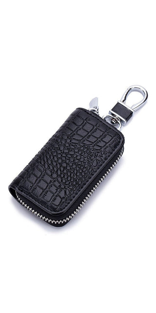 Sleek black leather key holder with zip closure and clip, perfect for organized storage of car keys, wallet and other small essentials.