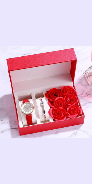 Elegant Valentine's Day watch set with red roses in a stylish gift box, showcasing a fashionable timepiece and floral decor for a romantic gesture.