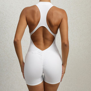 Stylish white yoga fitness shorts jumpsuit with sleeveless tummy control and butt lifting design.