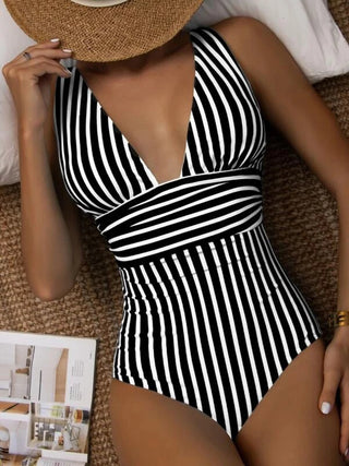Elegant striped one-piece swimsuit with flattering silhouette