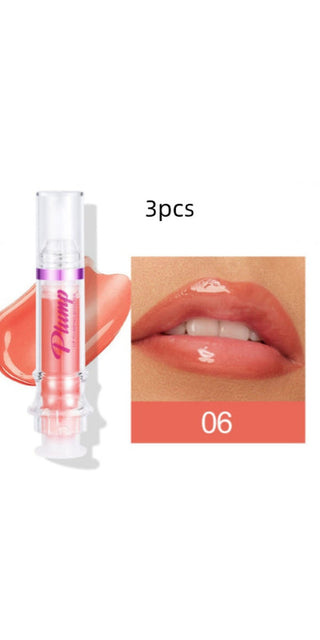 Glossy coral lip color in sleek tube package, 3-piece set of richly pigmented liquid lipstick.