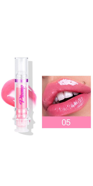 Vibrant pink lip gloss with shimmering effect, showcasing a rich, slightly spicy lip color and a mirrored, glossy finish.