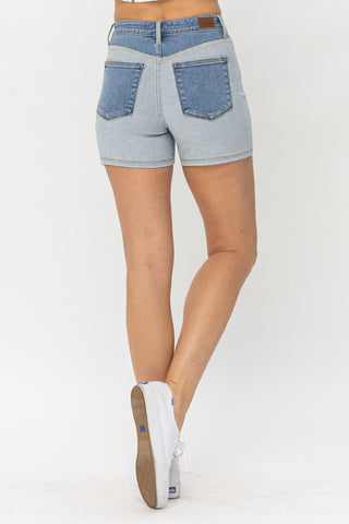 Trendsi denim shorts in heather grey, featuring a high-waisted silhouette and pockets for a stylish, casual look.