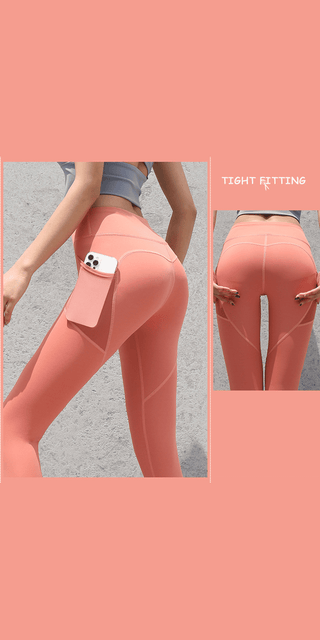 Peach-colored seamless leggings with a tight fitting design and pockets, showcased on a person's legs against a pink background.