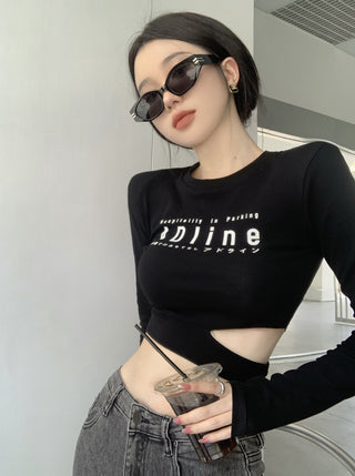 Sleek black crop top with "Dline" text graphic, young woman wearing sunglasses and holding a cup, minimalist background.