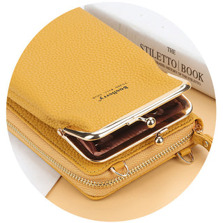 Stylish yellow leather wallet with zippered compartments and a book-like title, showcasing a fashionable women's mobile phone accessory with a sleek and practical design.