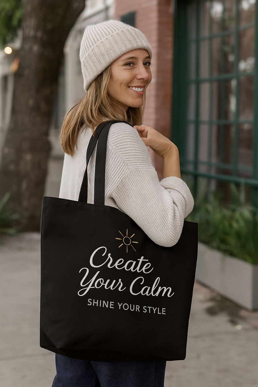 Black Cotton Tote Bag – "Create Your Calm, Shine Your Style"