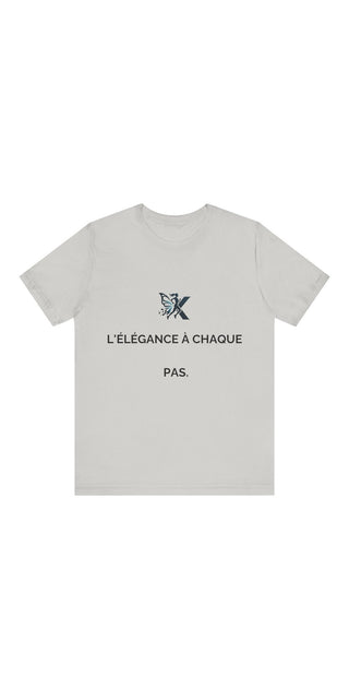 Unisex Jersey Short Sleeve T-shirt with Minimalist Graphic Design and French Slogan "L'elegance a chaque pas" (Elegance with every step)