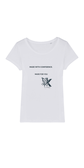 White organic jersey women's t-shirt with minimalist graphic design and text "Made with confidence" on green background.