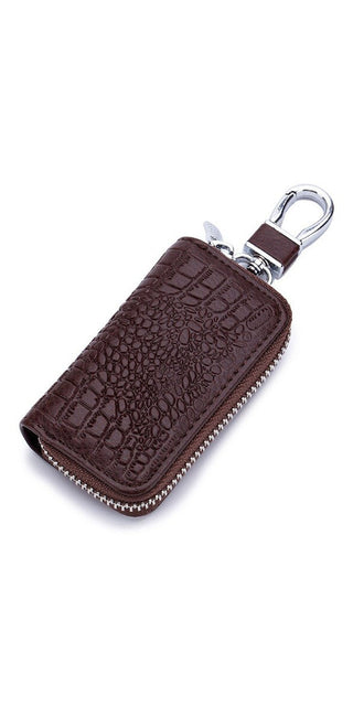 Elegant leather car key holder with zipper closure and keychain, perfect for organizing keys and maintaining an orderly look.