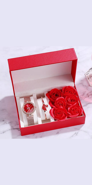 Elegant floral watch set with ruby red roses in a luxurious gift box display at K-AROLE