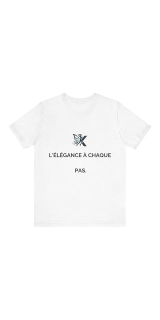 Unisex jersey short sleeve t-shirt with French text "L'elegance a chaque pas" (Elegance with every step) and a simple butterfly graphic design in the K-AROLE product catalog.