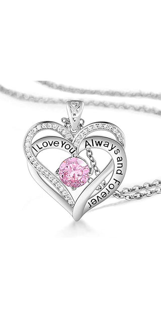 Elegant heart-shaped pendant with sparkling crystal, classic silver chain, "I love you always" message, perfect gift for her