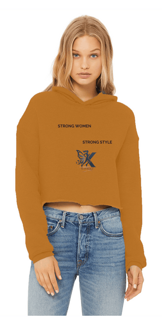 A cropped, raw-edged hoodie with the text "Strong Women. Strong Style." printed on the front, worn by a young woman with long blonde hair.