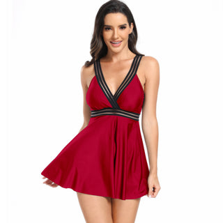 Red V-neck Printed Summer Swimsuit Dress
