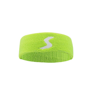 Bright green fitness headband with reflective logo in the center, placed on a plain white background.