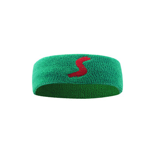 Bright green athletic headband with a red letter S logo, suitable for sports or exercise.