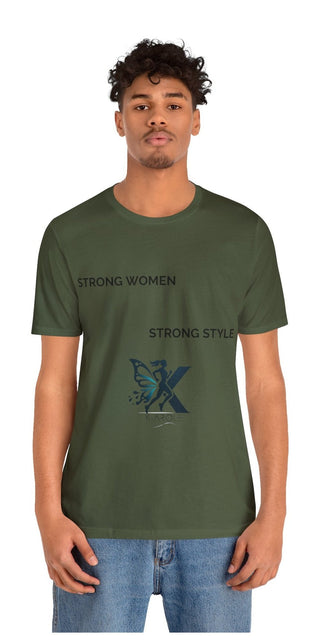 A man wearing a green t-shirt with the text "Strong Women Strong Style" printed on it. The product is a unisex jersey short sleeve t-shirt, likely featuring a graphic or design related to the "Strong Women Strong Style" theme.