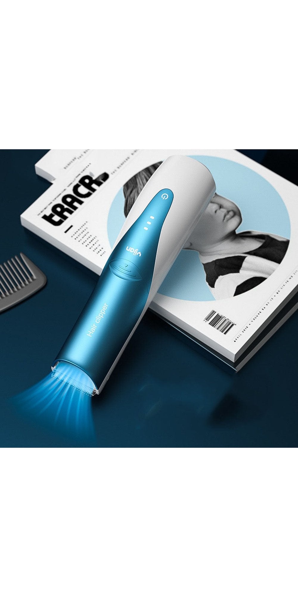 This image showcases a gentle and safe hair clipping tool designed for children. The blue LED light indicates precision while providing a comforting guide for parents during the haircut.