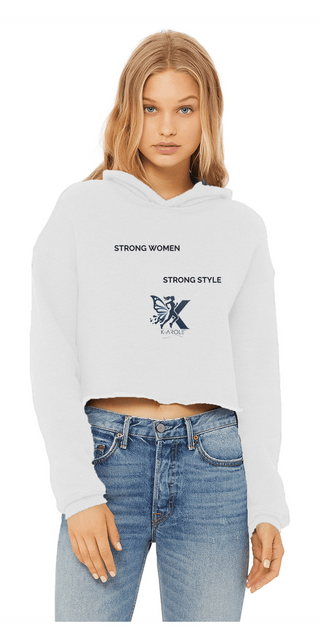 Cropped white hoodie with "Strong Women Strong Style" graphic, featuring a stylized "X" logo, showcased on a young blonde female model with jeans.