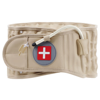 Tan-colored back decompression belt with medical symbol, designed for lumbar support and lower back pain relief, featured on a plain background.