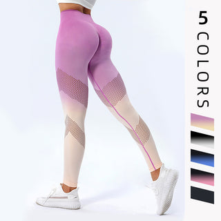 Stylish ombre performance leggings with trendy color blocking and mesh detailing for a sporty, comfortable look.