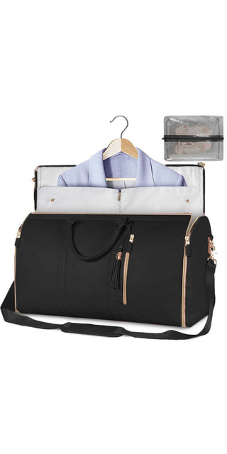 Large capacity black travel duffle bag with zipped compartments, ideal for storing clothes and accessories during trips.