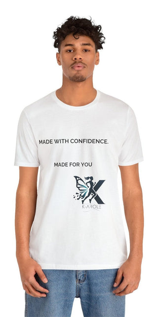 Unisex jersey short sleeve t-shirt with confident and stylish design, featuring a white background, black text, and a butterfly icon.
