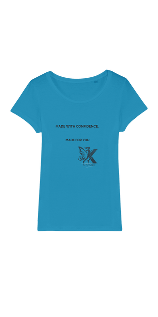 Organic Jersey Women's T-Shirt in Vibrant Blue with Butterfly Logo, Made with Confidence