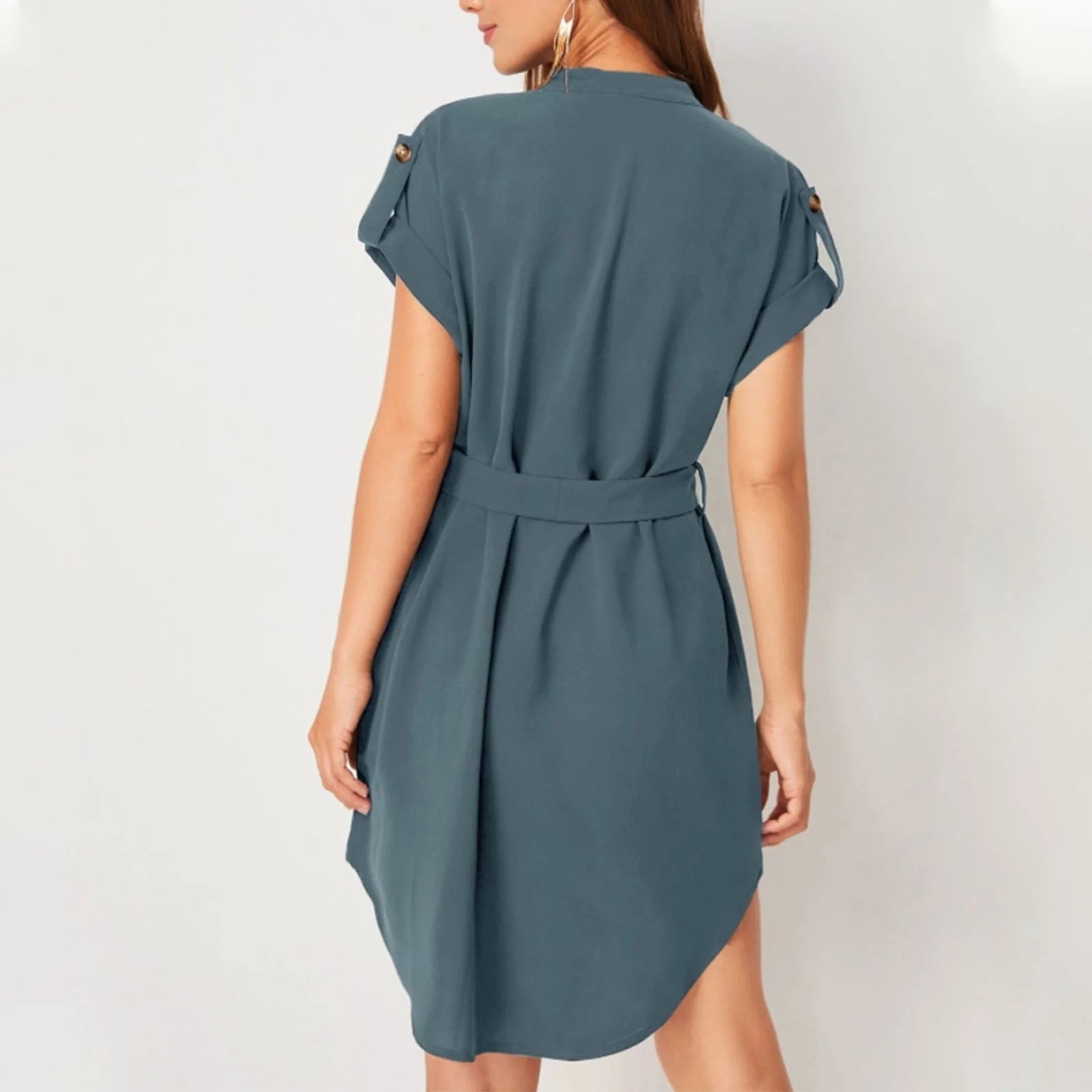 Robe à manches courtes et col en V avec ceinture, tenue d'été tendance avec nœud papillon pour femme