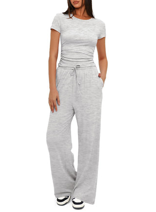 Traje de yoga deportivo informal de color sólido de 2 piezas, top de manga corta y pantalones de pierna ancha con cordón de cintura alta, conjunto de moda de verano para ropa de mujer