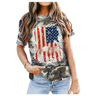 Women's distressed American flag print camo T-shirt with short sleeves.