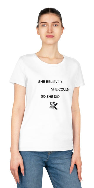Casual cotton t-shirt with inspiring feminist message for modern women, featuring a simple yet powerful statement on a white background.