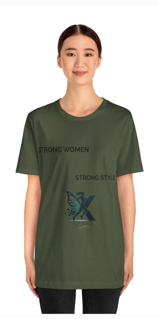 Stylish green t-shirt with "Strong Women" and butterfly graphic, showcased on a smiling young woman.