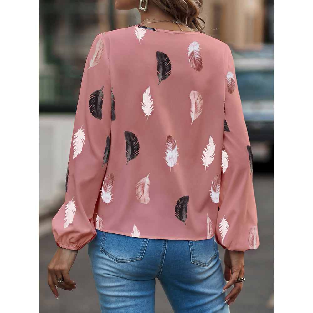 Feather Print Polo Shirt Long Lantern Sleeve Turndown Collar