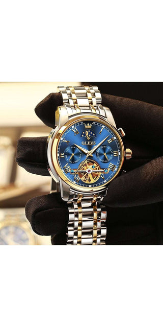 Elegant stainless steel automatic watch with sophisticated blue dial, moon phase display, and day-date functions for the modern, professional man.