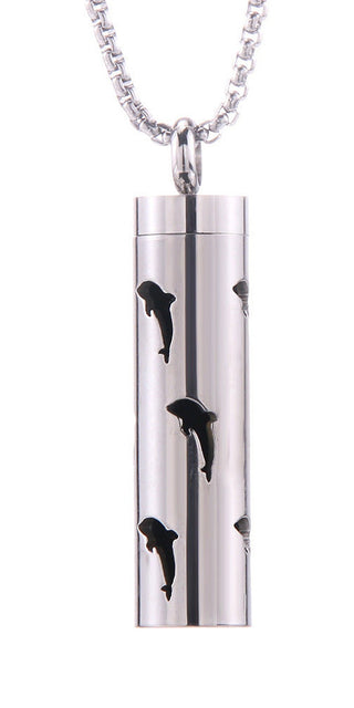 Elegant Cylinder Pendant - Sleek Stainless Steel Necklace with Silhouette Dolphin Design, Ideal for Nature-Inspired Fashion Look.