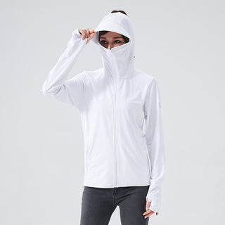 White hooded sun protection shirt for active outdoor sports