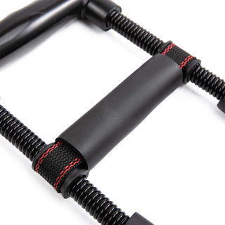 Adjustable forearm hand wrist grip trainer, featuring a black metal hand exerciser with red accents, designed to strengthen hand and arm muscles.