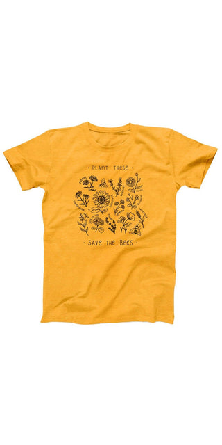 Vibrant yellow t-shirt featuring a nature-inspired graphic design with various plant icons and the text "Plant These Save the Bees". The product appears to be a casual, trendy t-shirt focused on promoting environmental awareness and conservation.
