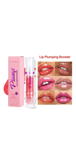 Glossy lip plumping booster in pink packaging with swatches of smooth, lush lips in the background.